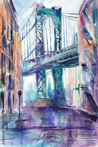 Obraz malowany recznie akwarelą przedstawiający ulicę w Nowym Jorku z mostem Brooklińskim w tle