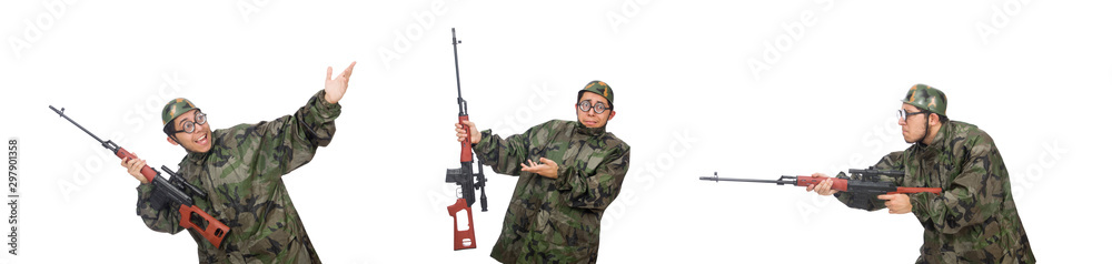 Military man with a gun isolated on white Military man with a gun isolated on white