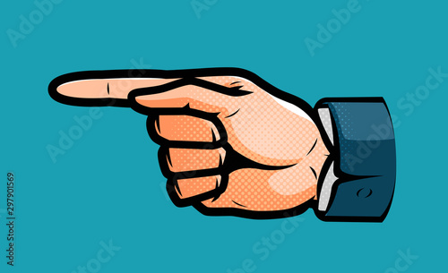 Pointing male hand. Business concept in pop art retro comic style. Cartoon vector illustration