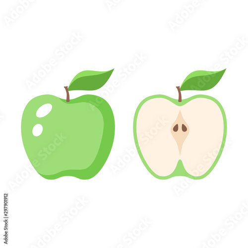 Green apple and a half apple colorful vector illustration. Green apple and sliced one cartoon. 