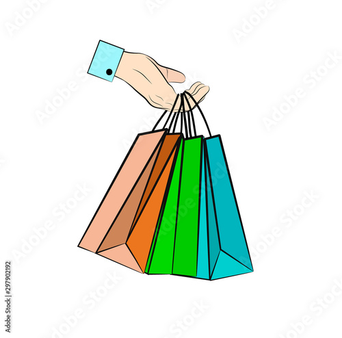 hand holds shopping bags. shopping concept. vector illustration.