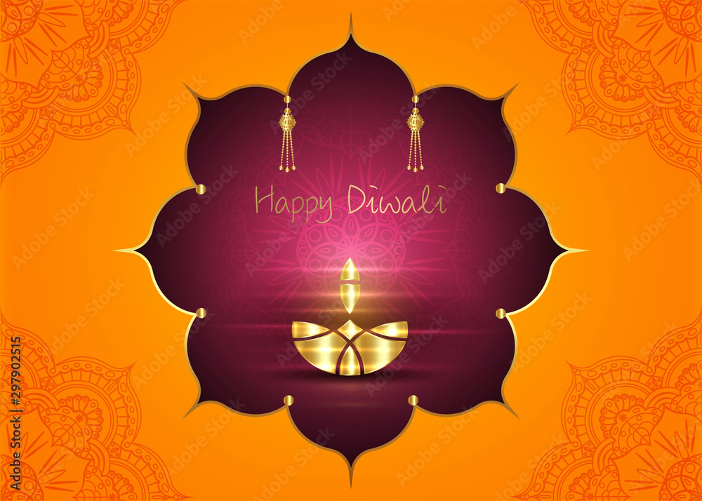 Happy Diwali festival of lights. Luxury oil gold lamp on mandala background  night sky, Hindu Diwali Golden ornament an orange color, vector  Illustration Stock Vector | Adobe Stock