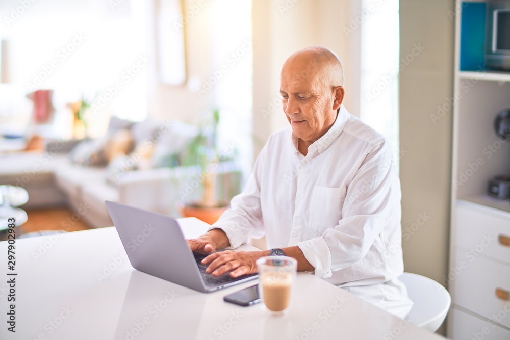 Senior handsome man smiling happy and confident. Sitting using laptop and drinking cup of coffee at home Senior handsome man smiling happy and confident. Sitting using laptop and drinking cup of coffee at home