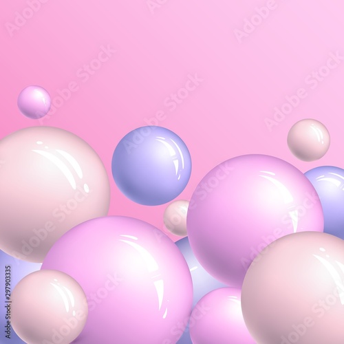 Vector dynamic background with colorful realistic 3d balls. Round glossy sphere in pastel colors or pearls on pink gradient backdrop. Abstract template for social media, festive banner, cover. © Olga