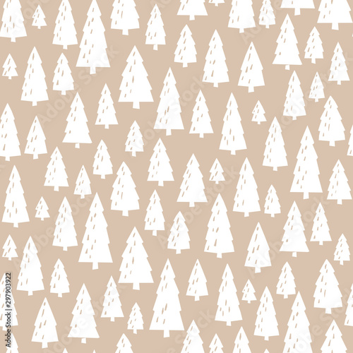 Craft Christmas pattern with winter coniferous forest. Minimalistic illustration of snowy fir trees in a simple Scandinavian style. Ideal for printing on wrapping paper, baby textiles, etc.