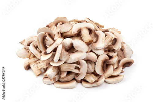 Fresh sliced champignon mushrooms, isolated on white background