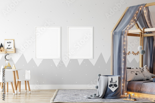 Frame & Poster mock up in living room. Scandinavian interior. 3d rendering, 3d illustration photo