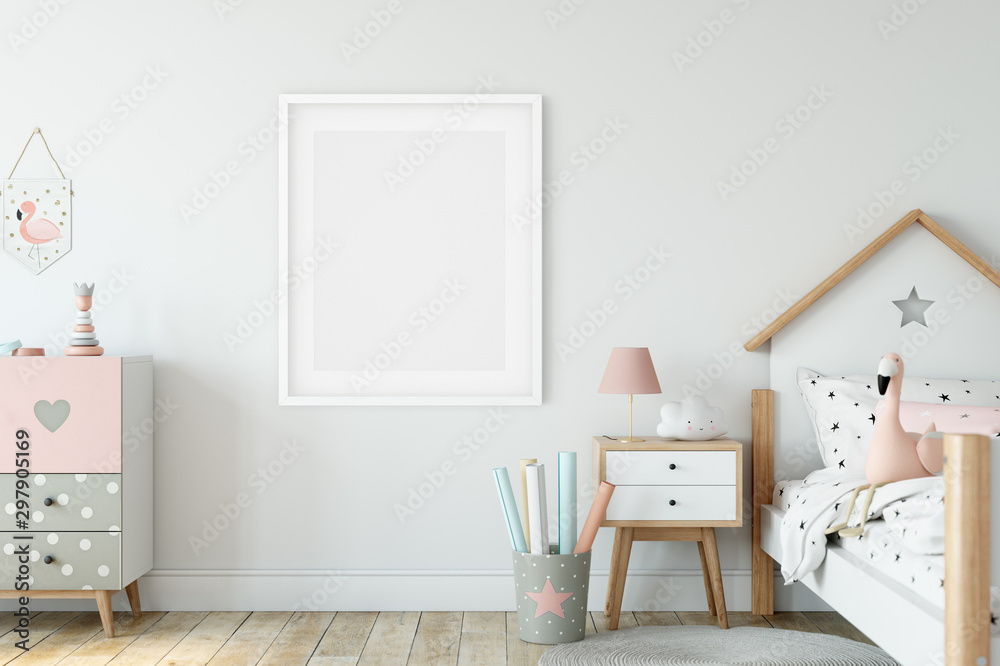 Frame & Poster mock up in living room. Scandinavian interior. 3d rendering, 3d illustration - obrazy, fototapety, plakaty 