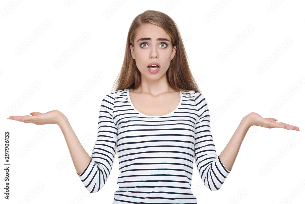 Young disappointed girl on white background Young disappointed girl on white background