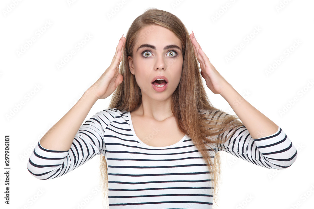 Young surprised girl on white background Young surprised girl on white background