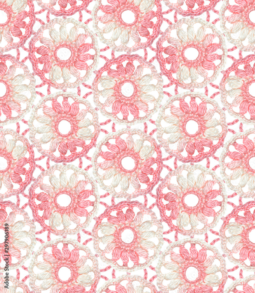 Seamless Irish lace pattern. Crochet. Pink and white melange yarn. Knitted openwork circles on a mesh of air loops.