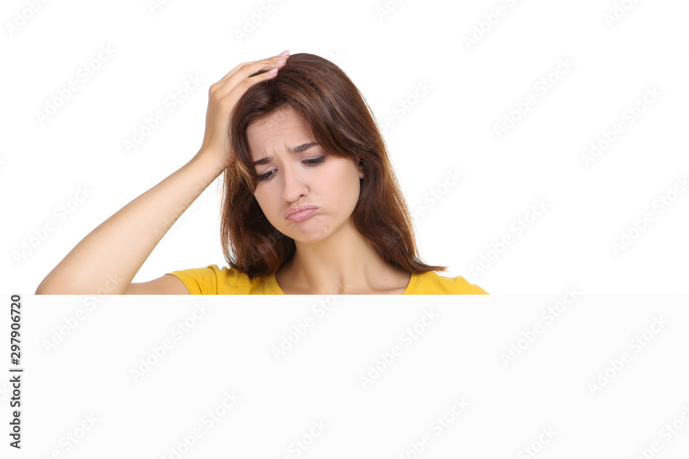 Young woman with blank board on white background Young woman with blank board on white background