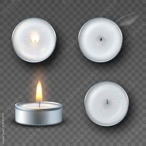 Realistic tea candle with fire, extinguished candle with smog and candle fire set isolated on transparent background
