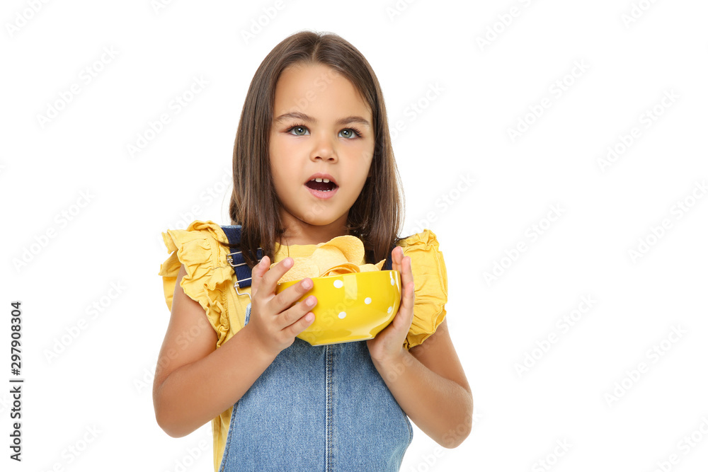 Beautiful little girl with potato chips in bowl on white background Beautiful little girl with potato chips in bowl on white background