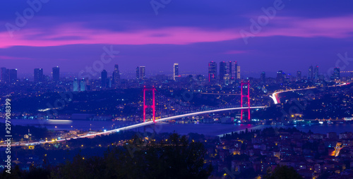 Istanbul Bosphorus Bridge in the evening. July 15 Martyrs Bridge (July 15 Martyrs Bridge). Image from the top of Camica. Istanbul Turkey.