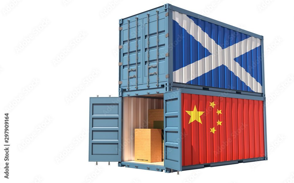 Fototapeta premium Two freight container with Scotland and China flag. Isolated on white - 3D Rendering