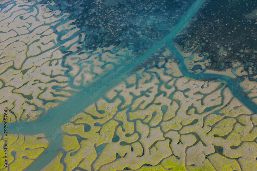 Aerial view, marshlands, Bahia de Cadiz Natural Park. Costa de la Luz, Cadiz province, Andalucia, Spain Aerial view, marshlands, Bahia de Cadiz Natural Park. Costa de la Luz, Cadiz province, Andalucia, Spain