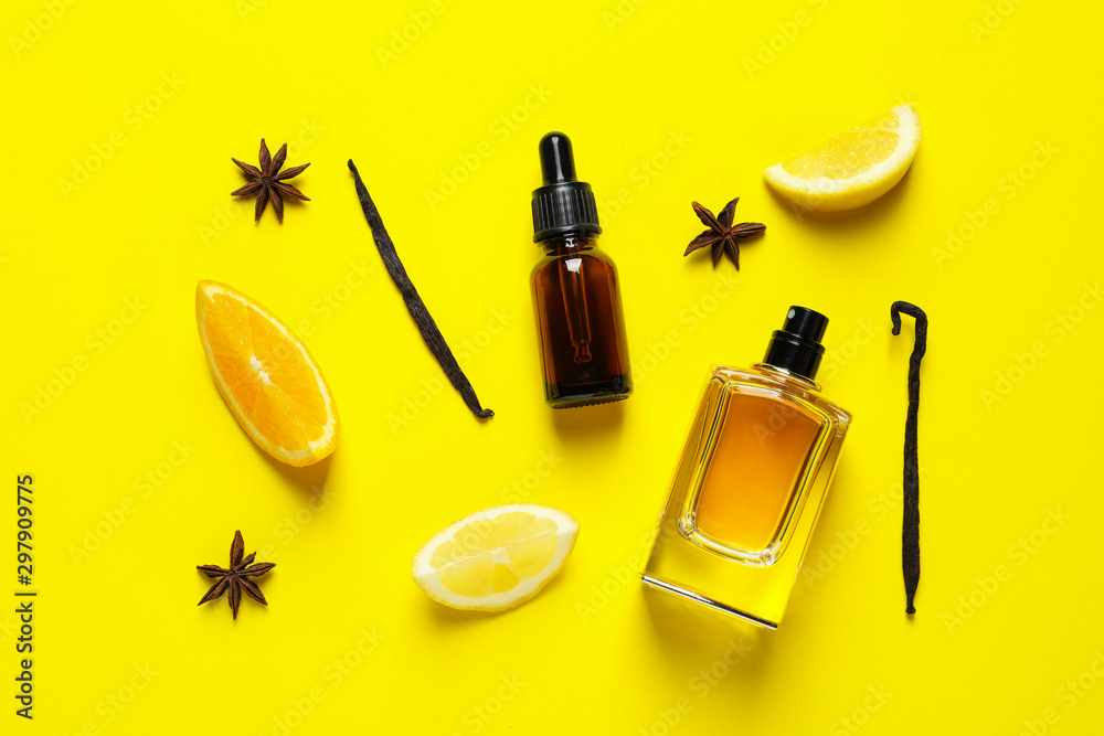 Flat lay composition with elegant perfume on yellow background - obrazy, fototapety, plakaty 