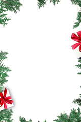 Fir branch and gift on white background with copy space for text. Christmas
