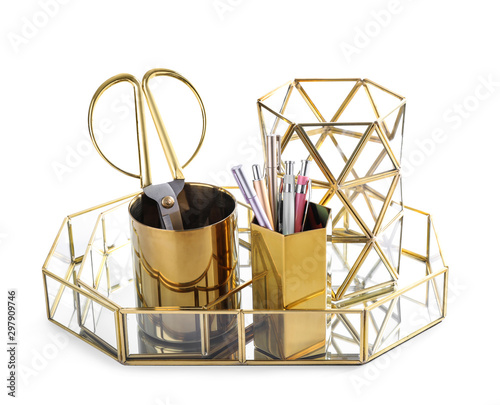 Stylish holder for stationery with office supplies on white background