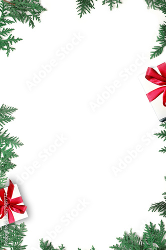 Fir branch and gift on white background with copy space for text. Christmas
