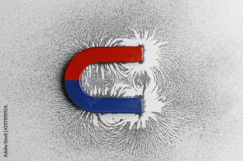 Obraz na płótnie Red and blue horseshoe magnet with iron filings on white background, top view
