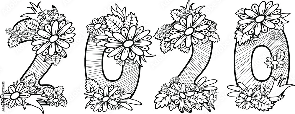 Fototapeta premium Doodle patterned number 2020 tangled mandalas and words Happy New Year. Vector illustration. Handwritten font 2020 for decorate calendar, banner, poster, invitation, new year card, adult coloring book