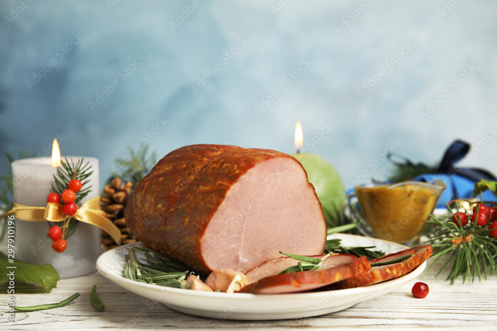 Delicious ham served on white wooden table. Christmas dinner Delicious ham served on white wooden table. Christmas dinner