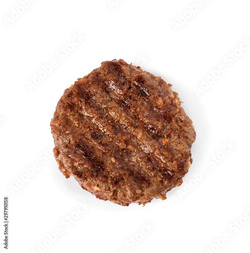 Grilled meat cutlet for burger isolated on white, top view