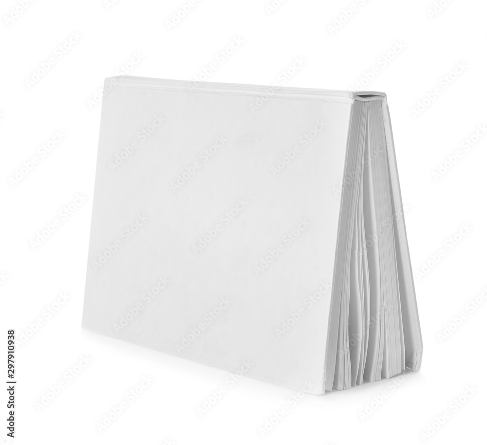 Open hardcover book with blank pages on white background Open hardcover book with blank pages on white background