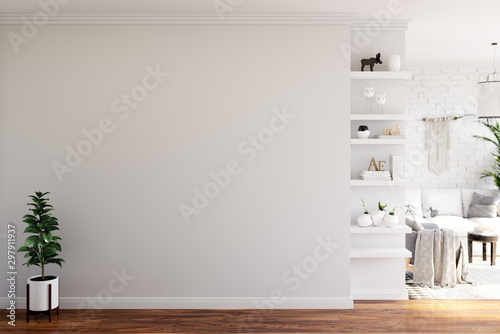 Wall mock up in living room. Scandinavian interior. 3d rendering, 3d illustration photo