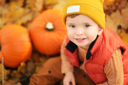 Happy little boy is enjoying an autumn spirit at the park.