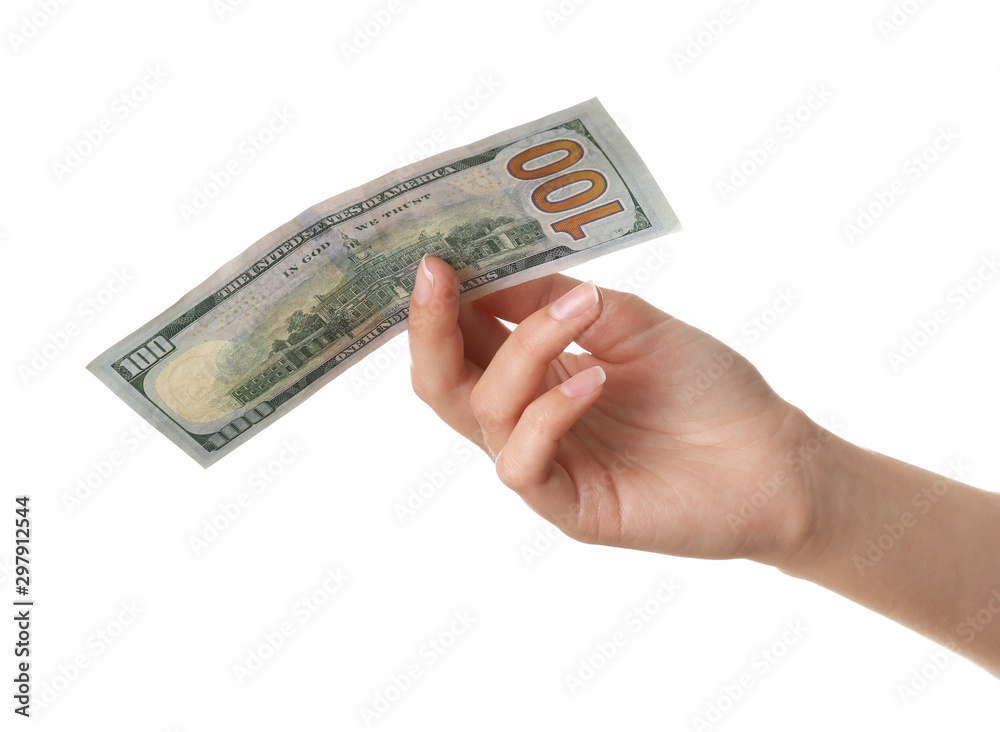 Young woman with dollar bill on white background, closeup Young woman with dollar bill on white background, closeup