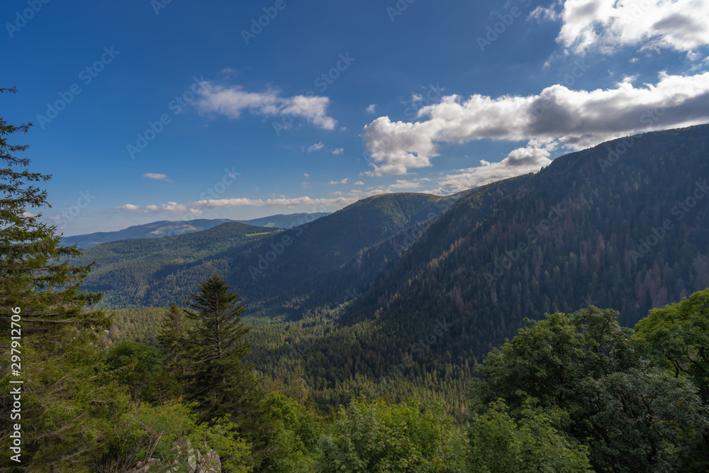 Schlucht Pass, France - 09 13 2019: Beautiful panoramic view of the Frankenthal-Missheimle Nature Reserve