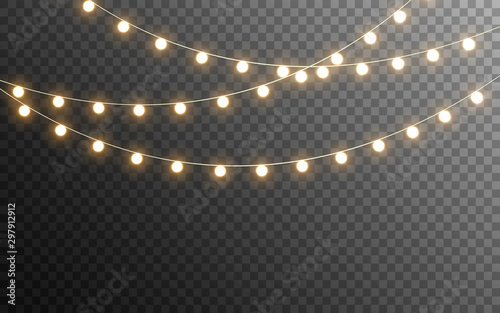 Christmas lights isolated. Glowing garlands on transparent dark background. Realistic luminous elements. Bright light bulbs for poster, card, brochure or web. Vector illustration photo