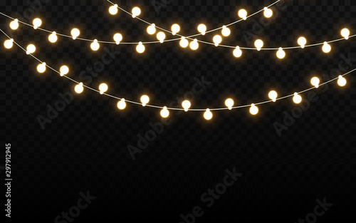 Christmas lights isolated on dark backdrop. Realistic light bulbs. Glowing wire with bright lights. Party garland with luminous elements. Holiday template. Vector illustration