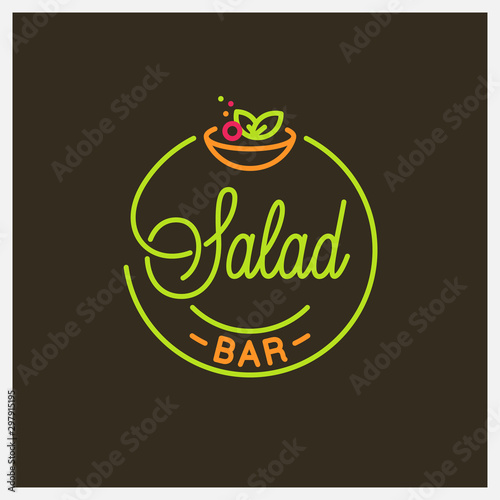 Salad bar logo. Round linear logo of salad bowl