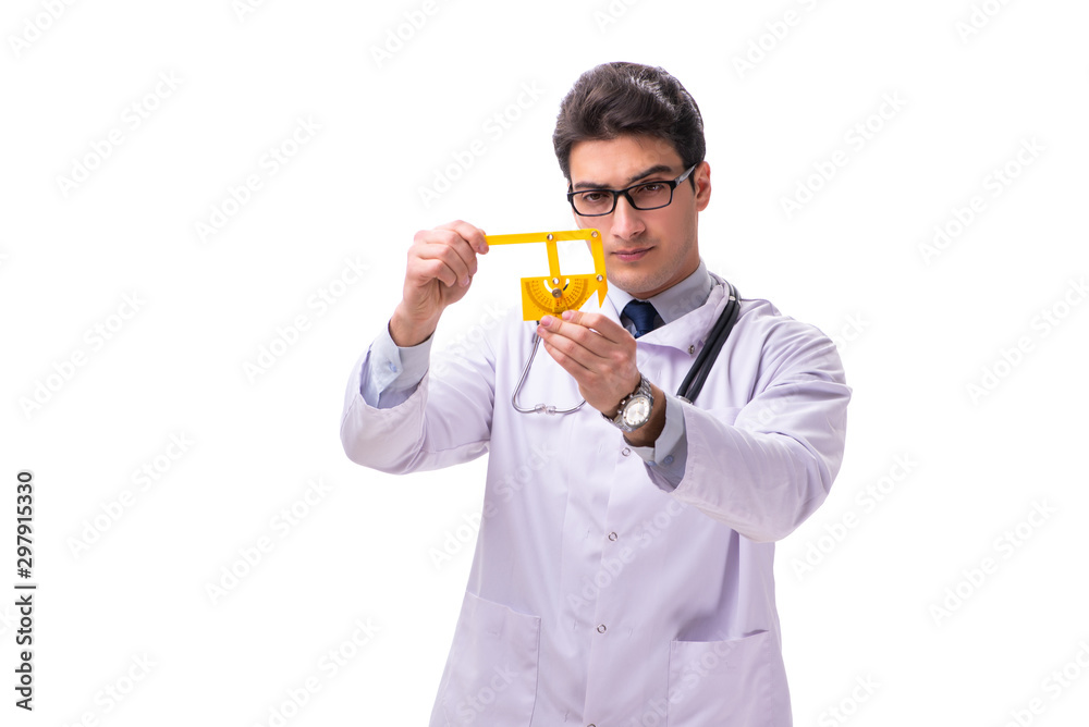 Young male doctor with goniometer isolated on white Young male doctor with goniometer isolated on white