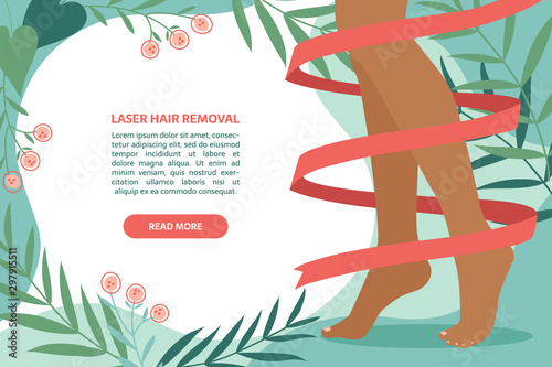 Spa, body care, epilation procedure, pedicure, laser hair removal, beauty procedure, photoepilation and electrolysis, legs without varicose veins. Perfect legs with ribbon around