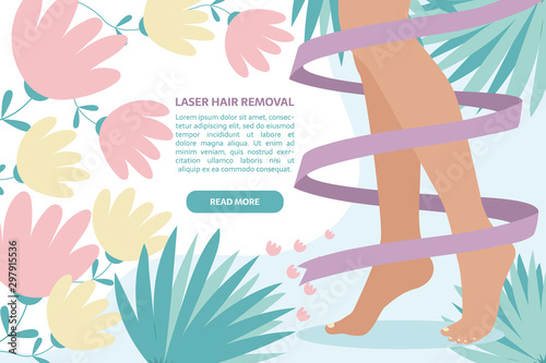 Spa, body care, epilation procedure, pedicure, laser hair removal, beauty procedure, photoepilation and electrolysis, legs without varicose veins. Perfect legs with ribbon around