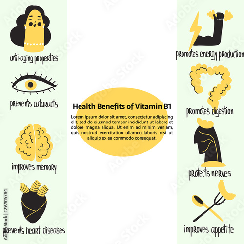 Hand drawn vitamin B1 thiamine benefits: protects nerves and digestion, prevents cataracts, improves appetite and memory. Vector drawing is for pharmalogical or medical brochure, dietary supplement.