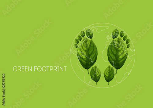 Environment protection concept with ecological footprints made of green leaves and planet Earth map