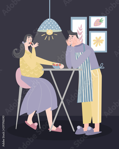 Husband feeding pregnant wife at night. Healthy diet for pregnant woman vector concept. Nutrition during pregnancy, healthy lifestyle, care, family planning, parenthood, materinity.