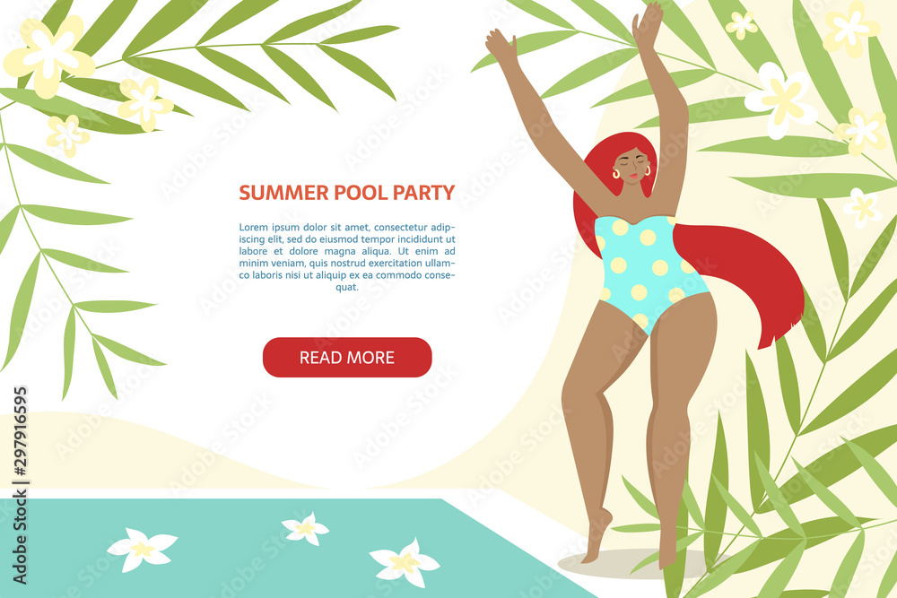 Spa, body care, wellness and health, natural beauty, summer resort banner concept. Woman dancing on the abstract background with leaves and text area.