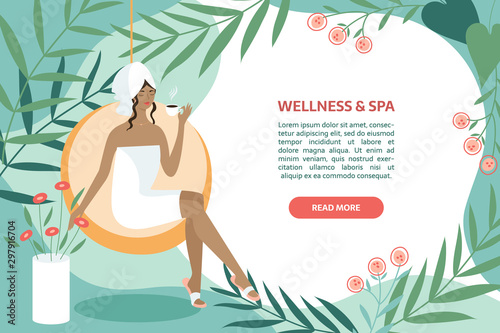 Spa, body care, wellness and health, natural beauty, summer resort banner concept. Woman sitting with tea or coffee near swimming pool and leaves on the abstract background with text area.