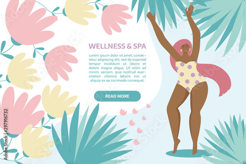 Spa, body care, wellness and health, natural beauty, summer resort banner concept. Woman dancing near swimming pool with leaves on the abstract background with text area.