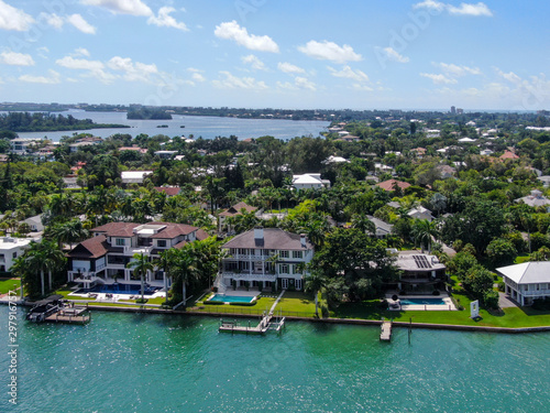 Aerial view of Bay Island neighborhood and luxury villas next the ocean, in Sarasota, Florida, USA