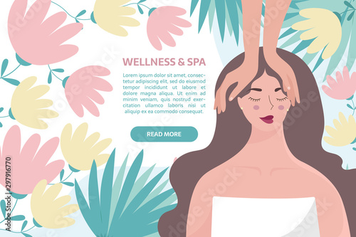 Spa, body care, massage wellness and health, natural beauty, summer resort banner concept. Woman chilling during facial care and massage on the abstract background with text area.