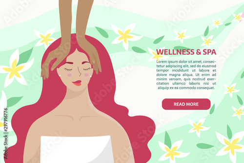 Spa, body care, massage wellness and health, natural beauty, summer resort banner concept. Woman chilling during facial care and massage on the abstract background with text area.