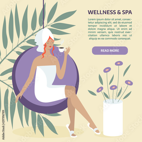 Spa, body care, wellness and health, natural beauty, summer resort banner concept. Woman sitting with tea or coffee near swimming pool and leaves on the abstract background with text area.